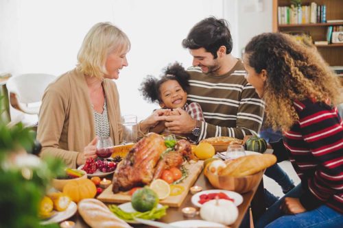 Happy Thanksgivning dinner party with familly and food with turk family enjoys sober thanksgiving